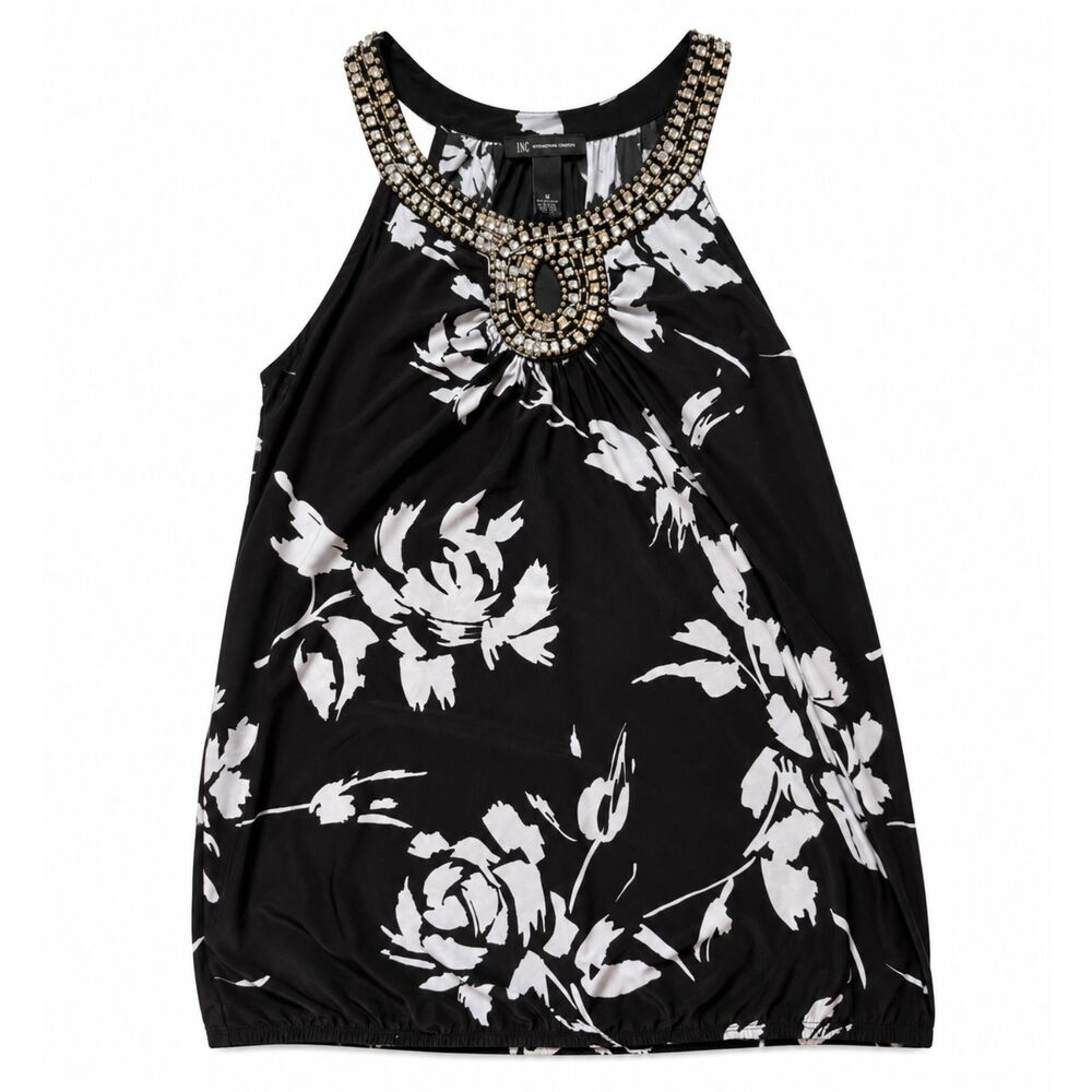 Y2K INC Black White Floral Tank Top Beaded Rhinestone Womens